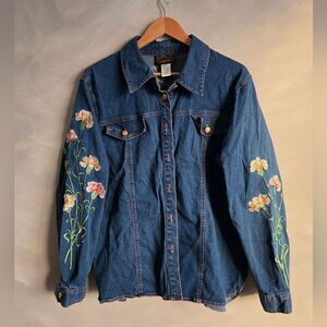 Bob Mackie wearable art Large Embellished Floral Stitch Long Sleeve Denim Shirt
